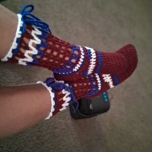 Stylish Crochet Socks in Burgundy and Blue